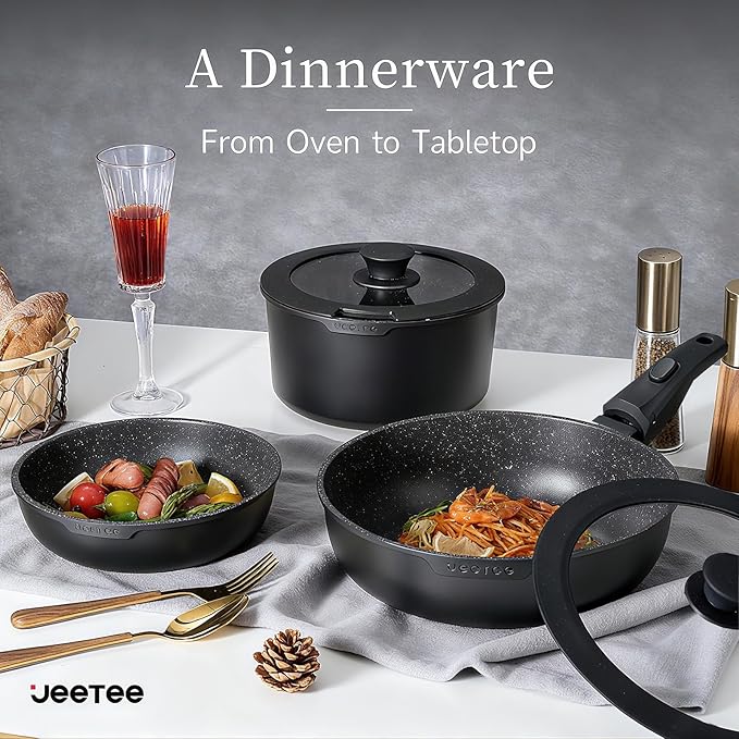 JEETEE Pots and Pans Set Non Stick 17pcs Kitchen Cookware Sets with Detachable Handle Induction Nonstick Cookware Set with Removable Handle Stackable RV Cookware Oven Safe PFAS/PFOA Free Black