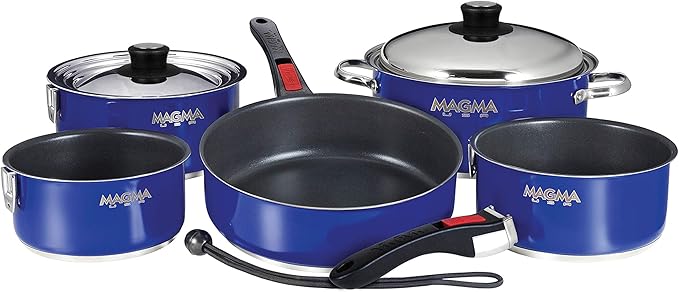 Magma 10 Piece Gourmet Nesting Stainless Steel Cookware Set with Ceramica Non-Stick Induction Compatible Oven Safe to 500°F - Suitable for All Stovetops Removable Handles Cobalt Blue