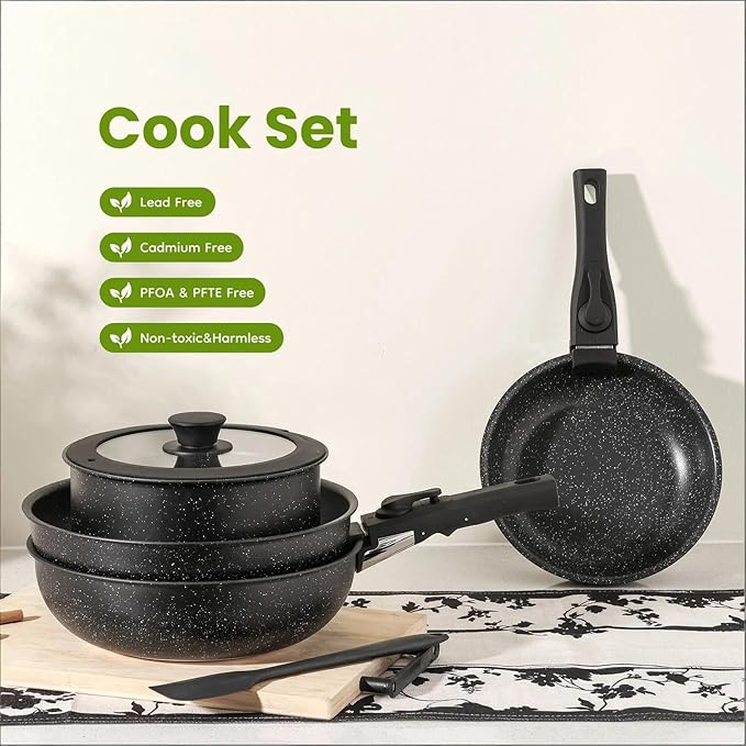 12-Piece Black Non-Stick Cookware Set with Detachable Handle &amp Spatula Universal Stovetop &amp Oven Safe Complete Pots and Pans Set for Kitchen