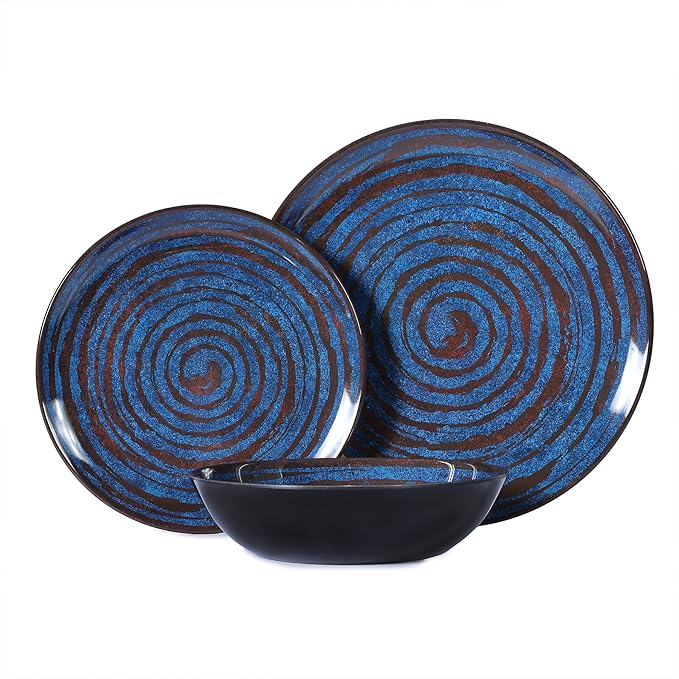 Melamine Dinnerware Set 12-Piece Plates and Bowls Set Blue Threaded Plastic Dishes Set Service for 4 BPA-Free Dishwasher Safe