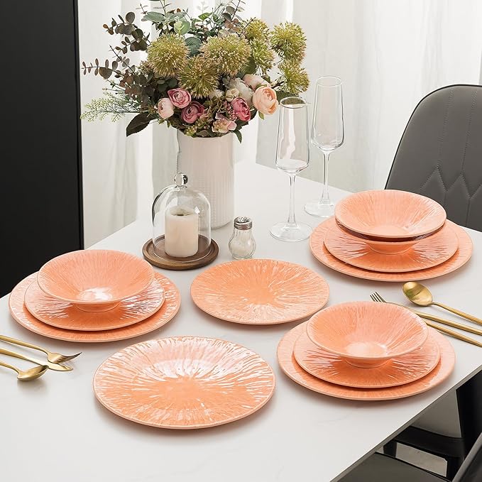MissYIP 12 Pcs Dinner Set - Unbreakable Dishwasher Safe Plates &amp Bowls - Ideal for Parties &amp Camping (Orange)