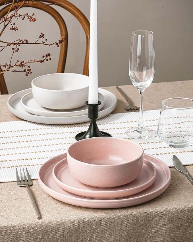 Famiware Milkyway Plates and Bowls Sets 12 Pieces Dinnerware Sets Reactive Glaze Dish Set Stoneware Dishes Set for 4 Matte Beige White &amp Light Pink