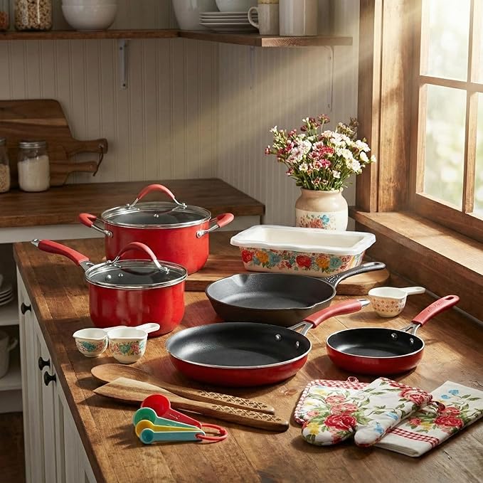 The Pioneer Woman Frontier Speckle Fancy Flourish Cookware and Bakeware Set Aluminum Nonstick 22 Piece Kitchen Tools Red