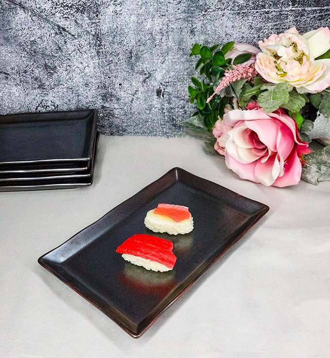 Ebros Gift Iron Black Clay Underglaze Technique Tetsu Kesho Porcelain Collection Dinnerware Serveware Kitchen Set Asian Japanese Restaurant Supply (Pack Of 5 Rectangular Sushi Plates 7.75 L)