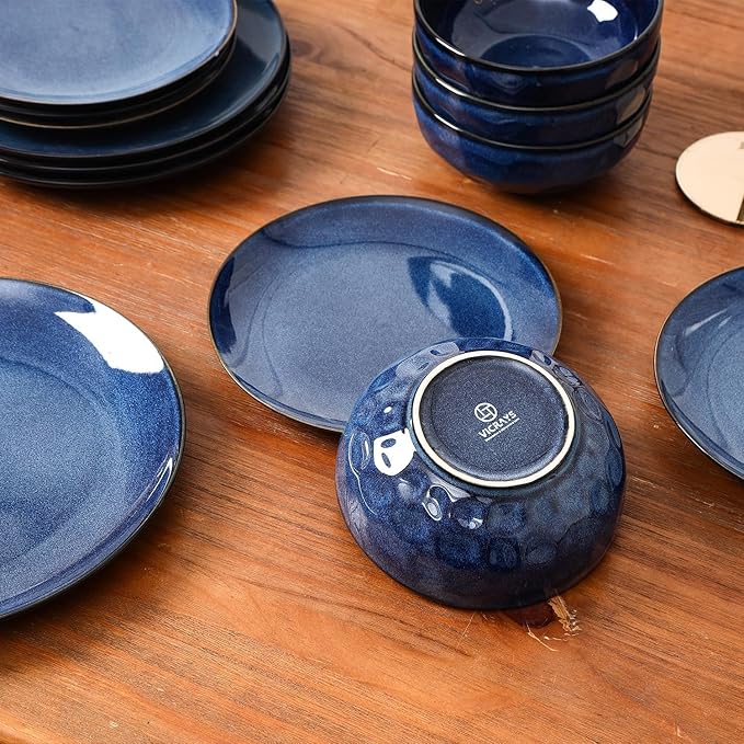 Vicrays 12-Piece Ceramic Dinnerware Set Dinner Plates Salad Plates &amp Cereal Bowls Dish Set for 4 Microwave Oven &amp Dishwasher Safe Scratch Resistant Blue
