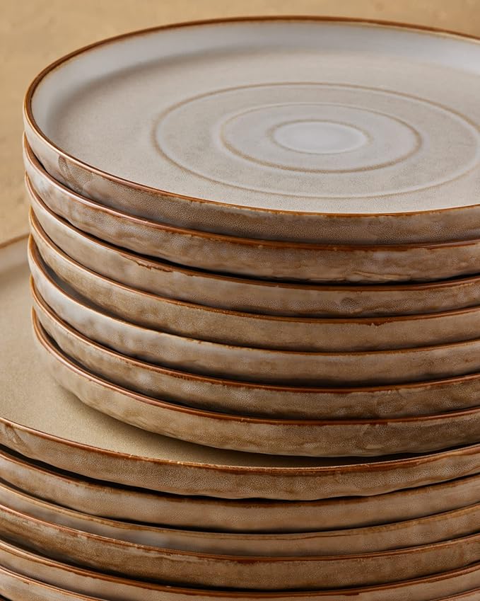 Stone by Mercer Project SHOSAI 16-Piece Stoneware Dinnerware Set Plates and Bowls Set Modern Dishware set fo 4 Sand