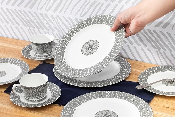 44 Piece Bone China Dinnerware - Gorgeous Set for 6 - Mosaic Design with Silver Detailing - Dining Plates Bowls Tureen and Serving Pieces - For Everyday Dishes or Formal Occasion (44 Piece Set)