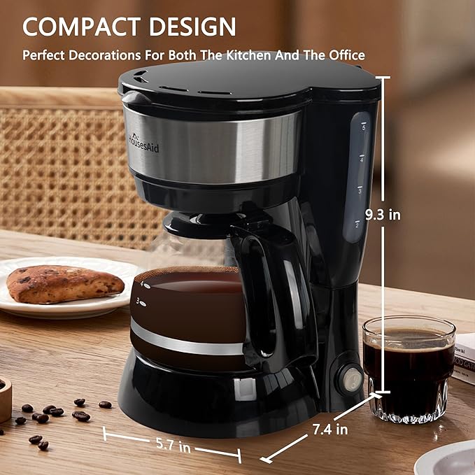 5 Cup Coffee Maker Compact Small Coffee Machine for 1-2 People 0.75L Glass Carafe 2-Hour Auto Shut-Off 650W Fast Brew Space Saving for Apartment Dorm &amp Office