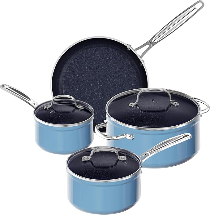 Nuwave 7pc Cookware Set Healthy Duralon Blue Ceramic Nonstick Coated Diamond Infused Scratch-Resistant PFAS Free Oven Safe Induction Ready &amp Evenly Heats Tempered Glass Lids &amp Stay-Cool H