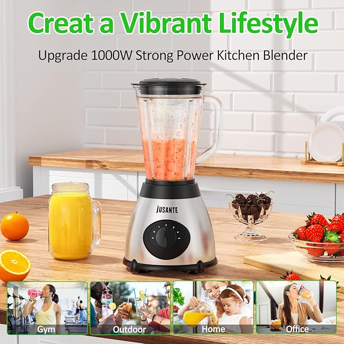 Smoothie Blender 1000W Professional Countertop Blenders with 48oz Glass Jar for Kitchen Shakes Ice Crusher Frozen Fruit