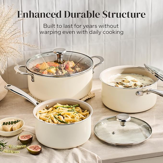Redchef Cooking Pot Set Induction 5Qt Saucepan Set 2.5/3.5Qt Nonstick Ceramic Cookware Set Compatible All Cooktops Even Heat Stay-Cool Handles Oven/Dishwasher Safe PTFE PFAS Free (Beige)