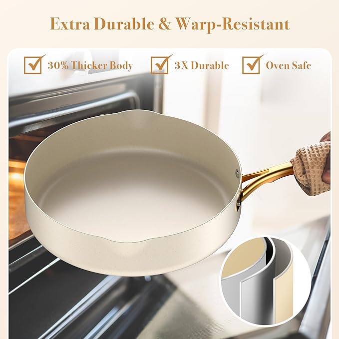 PekGema Ceramic Cookware Set 15-Pieces Pots and Pans Set Non Stick Oven Safe Non Toxic Kitchen Cookware Set PFOA PTFE FREE Gold White