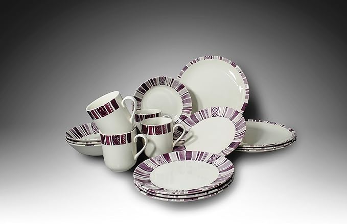 Tudor 16-Piece Premium Quality Round Porcelain Dinnerware SetBOHEME PURPLE Service for 4 See 10 Designs Inside!