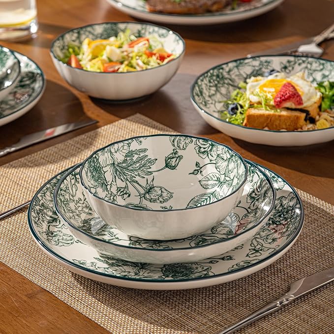 24-Piece Dinnerware Set Service 8 Porcelain Plates and Bowls Set Vintage Green Rose Scalloped Edge French Country Aesthetic Microwave Dishwasher Safe