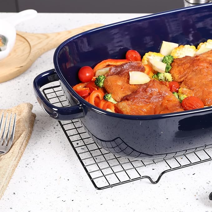 6 Quart Large Rectangular Baking Dish 16x11 Inches Ceramic Baking Pan Casserole Dish for CookingKitchen and Daily Use Safe for Oven Microwave Refrigerator Disinfection Cabinet and DishwasherBlue