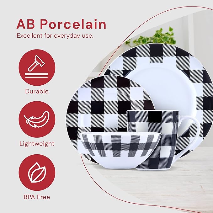 Winter Frost White Black Modern Kitchen Dinnerware Sets Indoor and Plates 16-Piece Plaid Kitchen Plates and Bowls Set with Mugs Dishwasher Safe