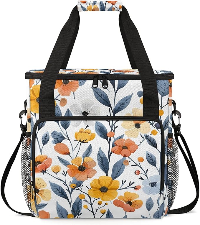 Flower Print Coffee Maker Carring Bag Large Insulated Storage Organizer Case Tote Bags with Shoulder Strap for Travel Work Picnic