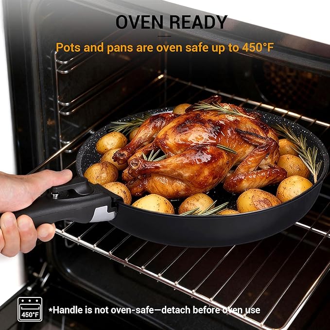Ammeloo 21-Piece Ceramic Pots and Pans Set Non Stick with Detachable Handles and Egg Frying Pan Non-Toxic Cookware Induction Ready Oven Safe Stackable for Storage Black Speckled