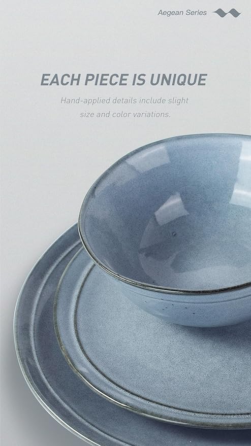 Famiware Aegean Stoneware Dinnerware Set for 8 Plates and Bowls Sets 24 Pieces Scratch Resistant Dinner Set Handmade Irregular Round Dishes - Microwave and Dishwasher Safe Blue Grey
