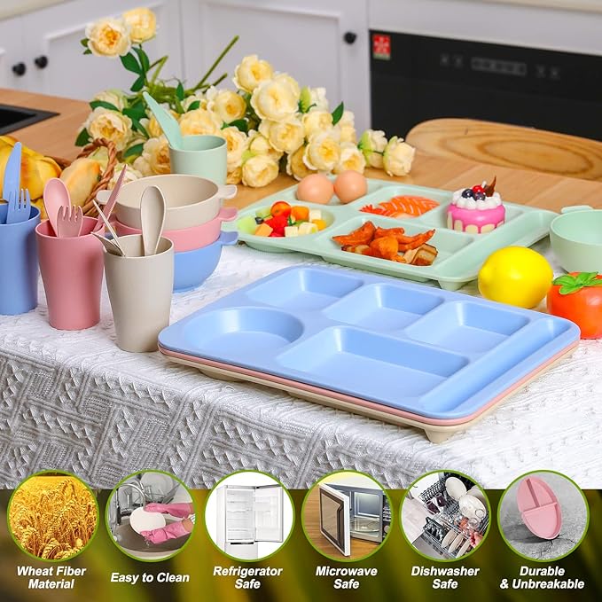 Bokon 24 Pcs Divided Plate for Adult Wheat Straw Lunch cutlery Set Toddler Dinnerware Microwave Safe Picnic School(Mixed Color)