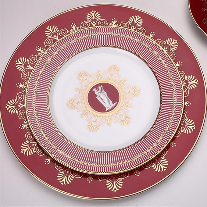 European Style Dinnerware Set Service for 4 Bone China Dinnerware Sets Unbreakable Porcelain Dinner Sets Coffee Cup and Saucer Tableware Set Steak Dinner Plates Dish Set Brilliant red