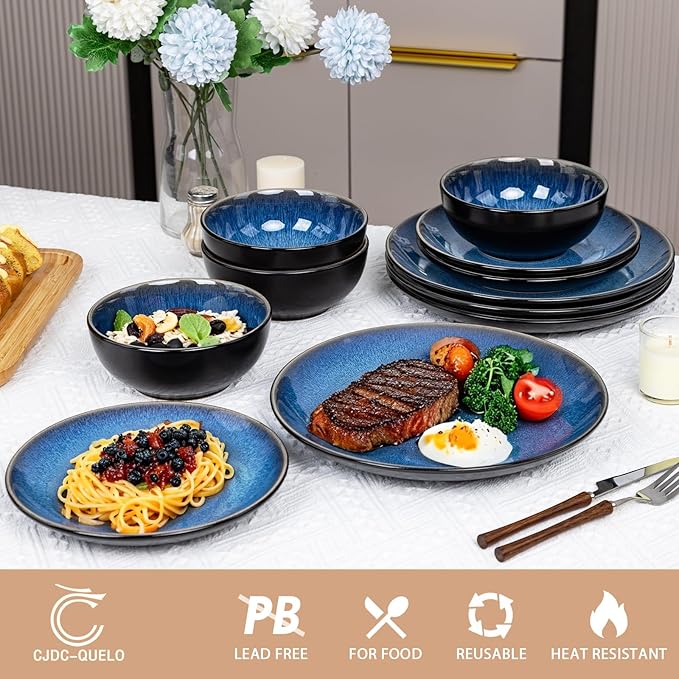 Plates and Bowls Sets for 4 - CJDC-QUELO 12-Piece Stoneware Dinnerware Sets Ceramic Dishware Set for Kitchen Use and Formal Dining Chip and Scratch Resistant Microwave Dishwasher Safe Blue
