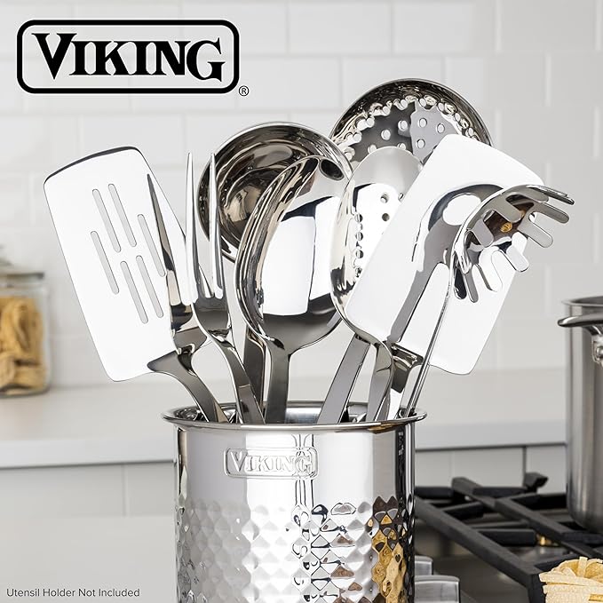 Viking Kitchen Utensils Set 8 Piece Stainless Steel Cooking Utensil Set Includes Spatulas Spoons Pasta Fork Deep Ladle Meat Fork and Skimmer Silver