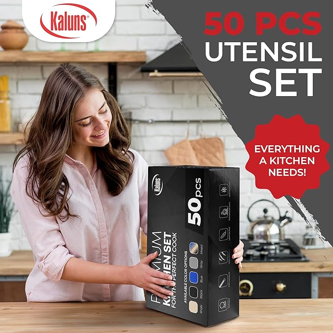 Kaluns 50 PCS Silicone Kitchen Utensils Set Complete Kitchen Set - 800°F Heat Resistant Non-Stick Premium Cooking Utensils W Wooden Handles - Can Opener Masher Turner Silicone Spatula Set