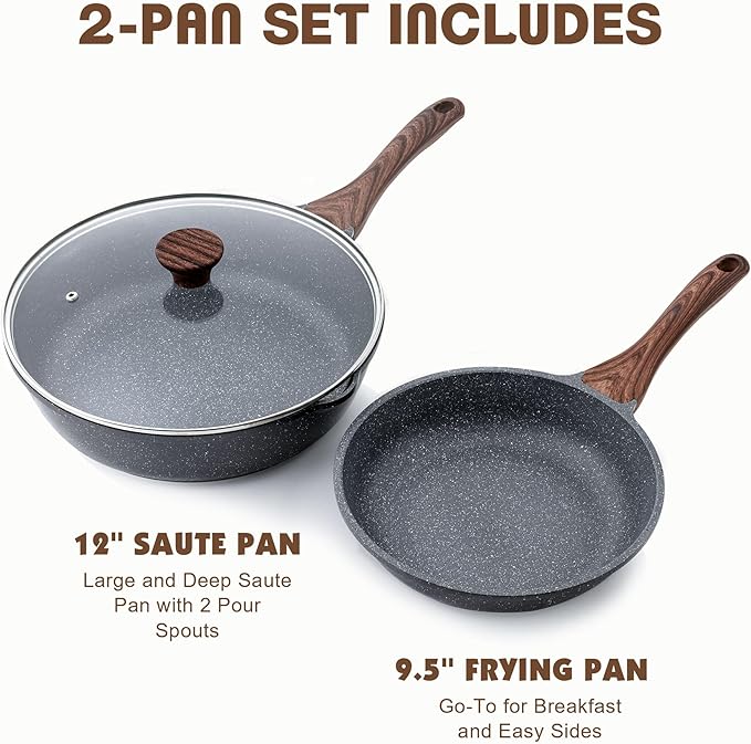 SENSARTE Nonstick Frying Pan Skillets Swiss Granite Coating Omelette Pans Healthy Cookware Free of Intentionally Added PFOA (9.5 Inch Frying Pan and 5QT Saute Pan)