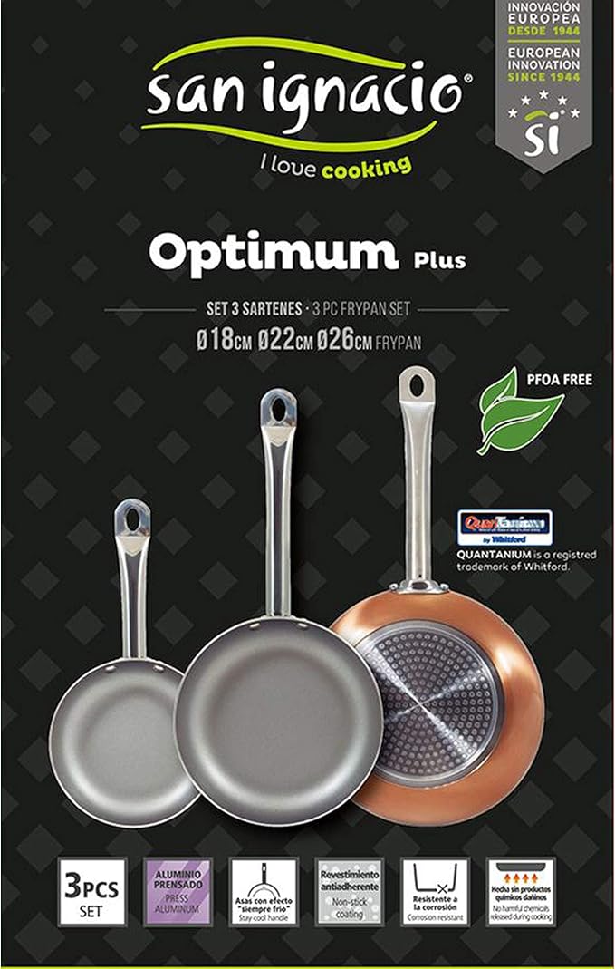 San Ignacio Set of 3 Frying Pans (18.22 cm) Pressed Aluminium Suitable for Induction Optimum Plus