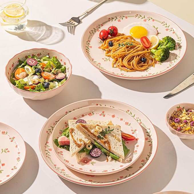 16 Pieces Gourmet Porcelain Dinnerware Sets Premium Plates and Bowls Set High-Fired Ceramic Dishes Set for 4 Microwave Dishwasher Safe Pink Peach Blossom Pattern.