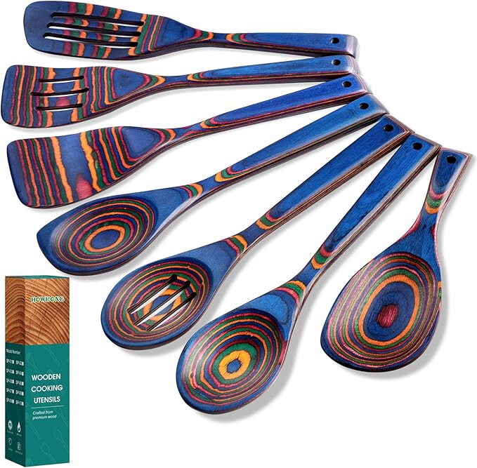 Wooden Spoons for Cooking Pakkawood Kitchen Utensil Set Spectrum Color Premium Durable Wooden Utensils for Nonstick Cookware Heat Resistant Smooth Finish Comfortable Grip 7 Piece
