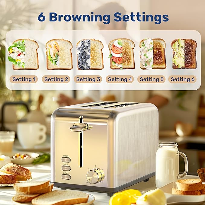 YSSOA Stainless Steel Toaster 2 Slice with Extra Wide Slot &amp Removable Crumb Tray 6 Shade Settings and Bagel/Defrost/Cancel Functions Compact Oven for Various Bread &amp Waffle Silver New