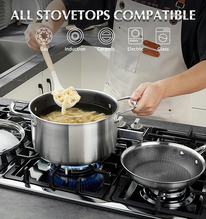 KOCH SYSTEME CS Triply Stainless Steel Cookware Set 10PCS Nonstick Hybrid Pots and Pans Set Nontoxic Kitchen Cookware Set with Honeycomb Interior Pots and Pans Set Non Stick Induction Compatible