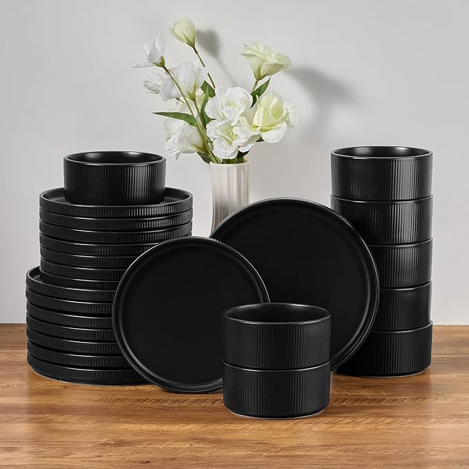 E-far 24-Piece Stoneware Dinnerware Sets Plates and Bowls Sets for 8 Kitchen Dinning Porcelain Ribbed Dishes Set Chip &amp Scratch Resistant Dishwasher &amp Microwave Safe Matte Black