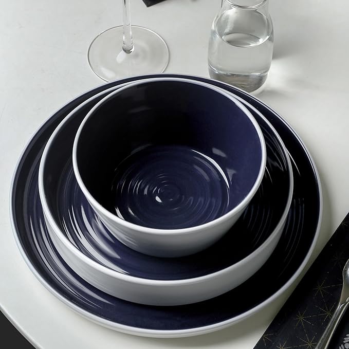 Stone Lain Elica 12-Piece Modern Dinnerware Set Stoneware Plates and Bowl Sets for 4 Navy and White