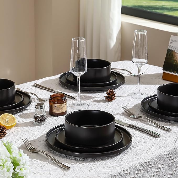 GZG Classic Series - Plates and Bowls Set for 4 12 Piece Stoneware Dinnerware Sets Microwave and Dishwasher Safe Lead-Free Handcrafted Ceramic Dishes Set - Matte Black
