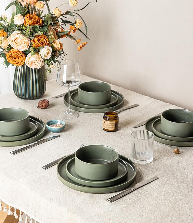 LERATIO Ceramic Dinnerware Sets for 4 High Edge Stoneware Plates and Bowls Set Chip and Crack Resistant | Oven &amp Dishwasher &amp Microwave Safe Dishes Set Service for 4 -Green