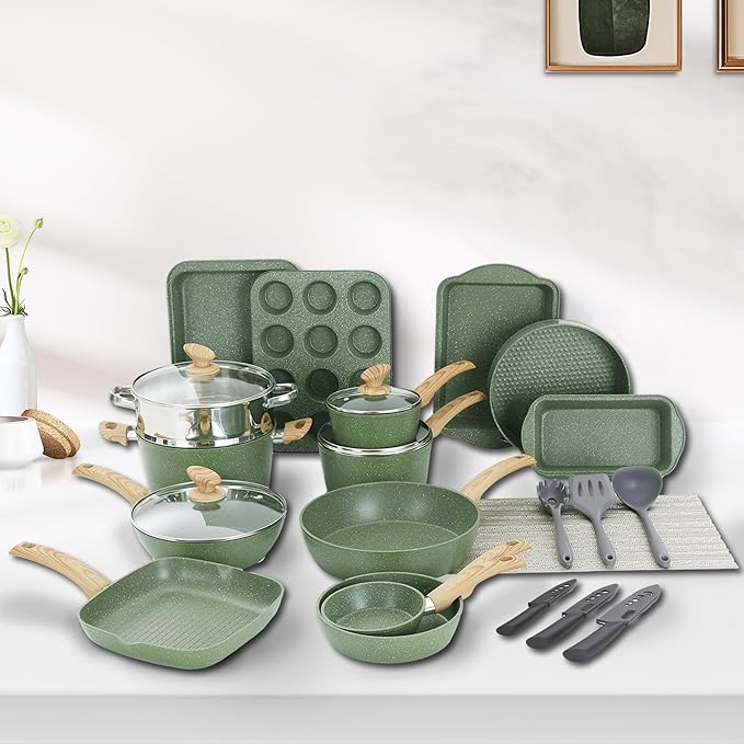 30 Piece Pots and Pans Set Non Stick Granite Induction Cookware Sets Nonstick Kitchen Cookware Sets Non Toxic Cookware Set with Frying Pans and Saucepan Kitchen Pots and Pans Set Green
