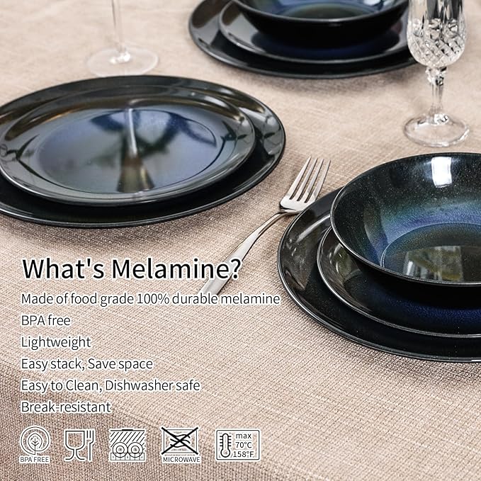 Melamine Dinnerware Set 12pcs Plates and Bowls Set Blue Dinner Dishes Set for Indoor and Outdoor BPA-Free Dishwasher Safe