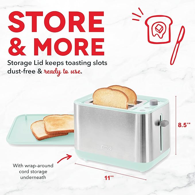 Dash SmartStore® 2-Slice Toaster - Five-Browning Levels Extra-Wide Slots &amp Compact Size - Included Storage Lid - 1-Touch Bagel &amp 15-Second Functions - Aqua