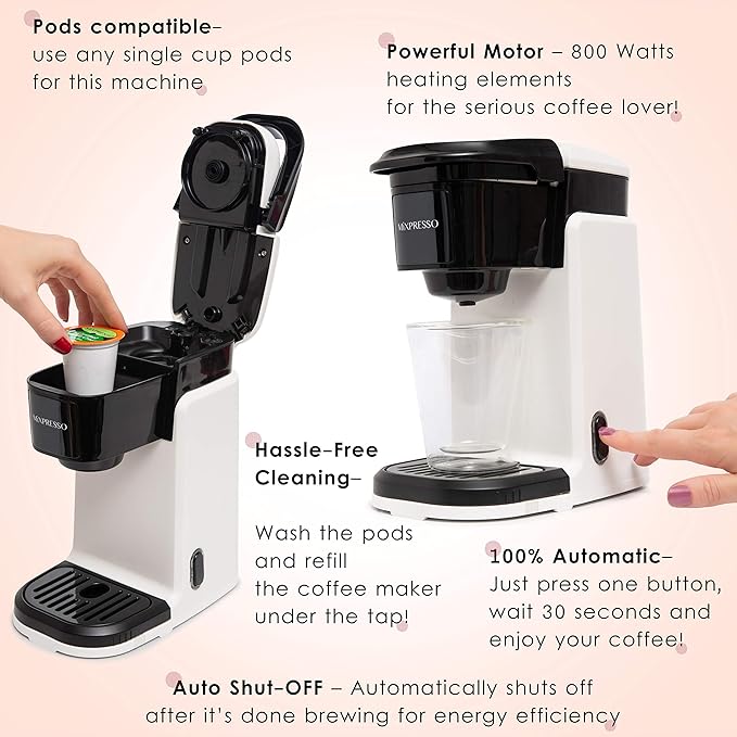 Mixpresso White Single Serve Coffee Maker for K Capsule Compact Mini Coffee Maker 800 Watt Coffee Machine for Pods or Ground Fast Brew Auto Shut Off 12 Oz Brew Size for Travel Office RV and Dorm