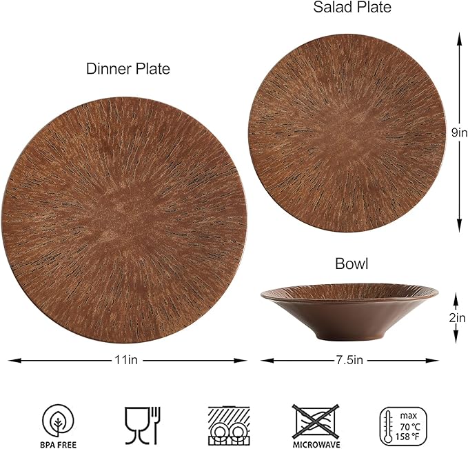 MissYIP 12 Pcs Unbreakable Dinnerware Set - Service for 4 Dishwasher Safe Plates and Bowls - Ideal for Party Camping Indoor &amp Outdoor Use (Brown)
