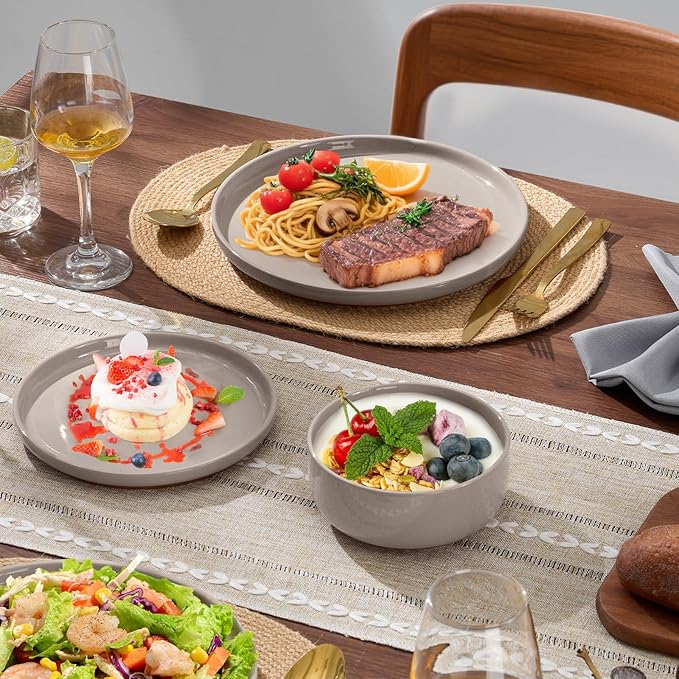 E-far 24-Piece Ceramic Dinnerware Sets Plates and Bowls Sets for 8 Stoneware Dishware Dishes Set with Terracotta Base Chip &amp Scratch Resistant Microwave &amp Dishwasher Safe Speckled Khaki