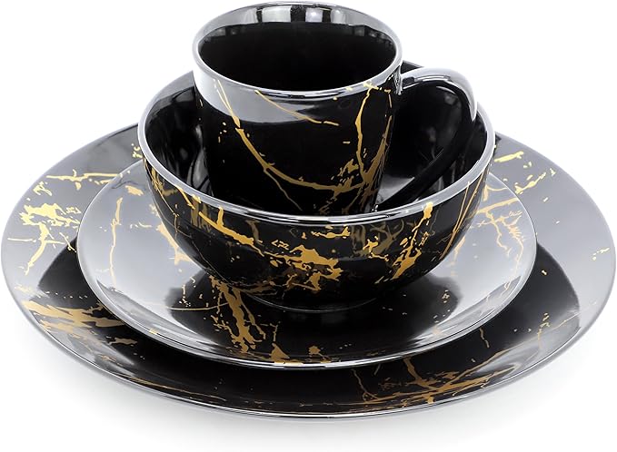 Elama Fine Marble 16 Piece Glossy Round Porcelain Dinnerware Set Black and Gold Tableware Set Serveware Set (Black)