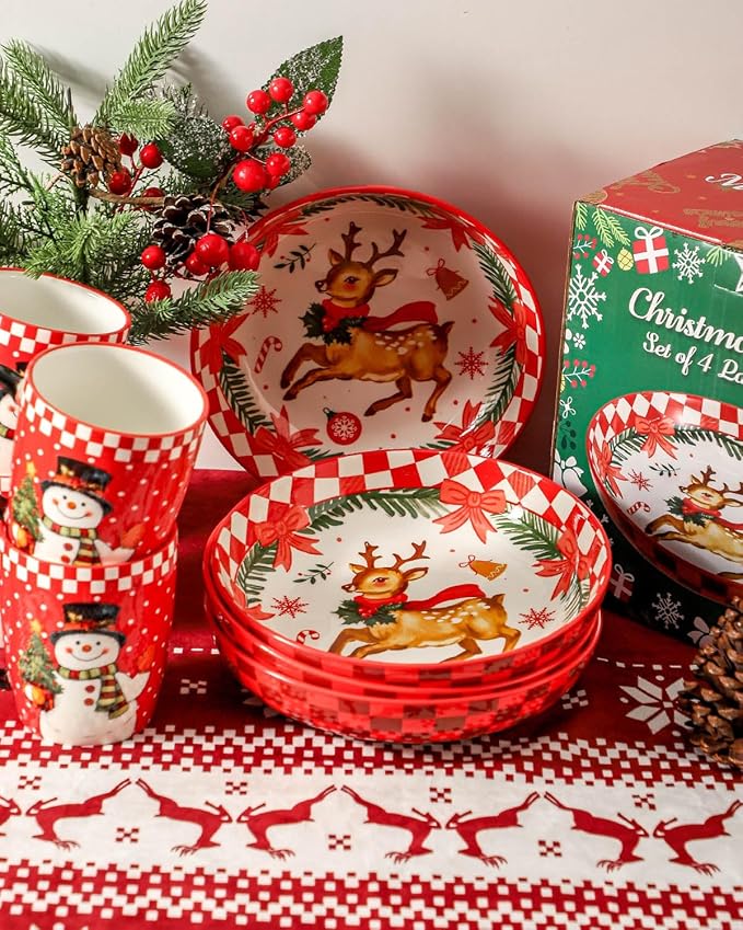 Hasense 16 Pcs Christmas Dishes and 42OZ Pasta Bowl Set of 4