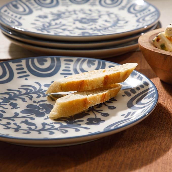 Bloomhouse - 2-Time Oprah’s Favorite Things - Valencia Flor 4 Piece Dessert &amp Salad Plate Set 8.75” Stoneware Plates Mediterranean Floral Decal Design Microwave &amp Dishwasher Safe Iris Blue