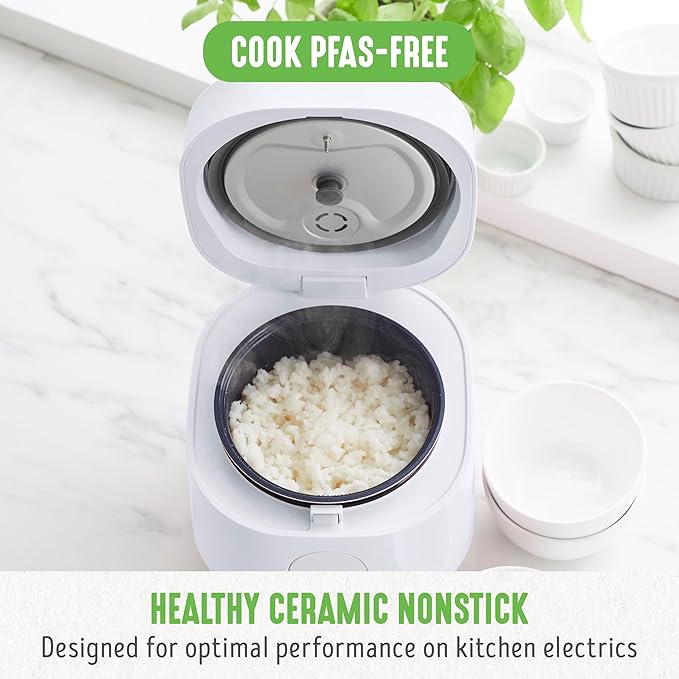 GreenLife Digital Rice &amp Beans Cooker 2-Cups Uncooked/4-Cups Cooked Removable Nonstick Ceramic PFAS-Free Pot One-Touch Presets Oats Quinoa Brown Rice Auto Keep Warm Fuzzy Logic Tech 1.5 Q
