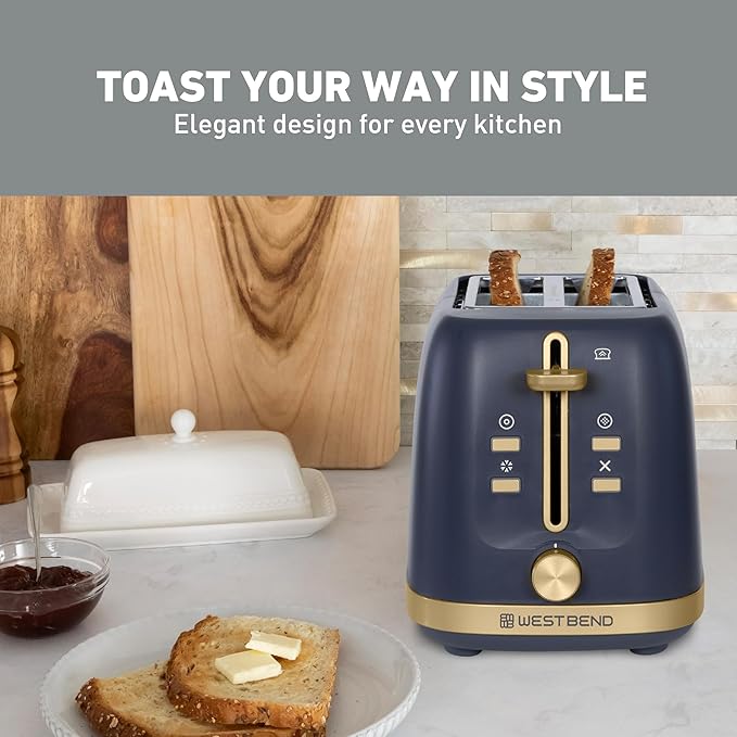 West Bend Timeless 2-Slice Toaster with 7 Browning Levels Bagel/Waffle/Defrost Settings High-Lift Lever Anti-Jam Easy-Clean Crumb Tray 2-Slice Blue/Gold
