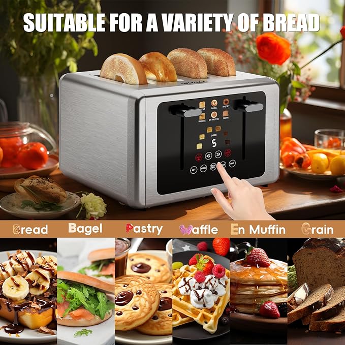 Whall 4-Slice Smart Toaster with Touchscreen &amp Extra-Wide Slots Dual Independent Control 6 Browning Levels &amp 6 Bread Types Memory FunctionCountdown Timer Ideal Kitchen Gift